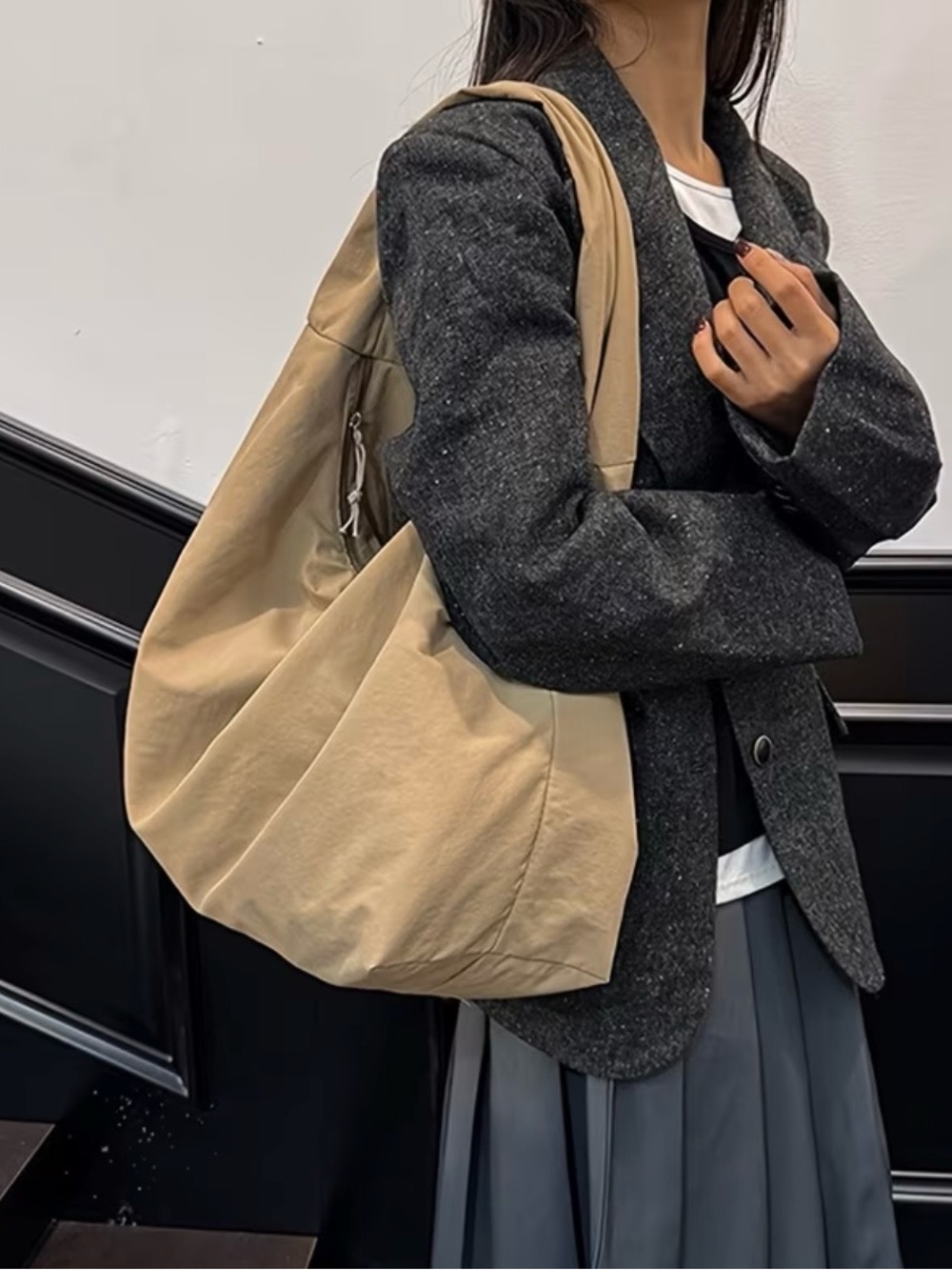 Oversized Beige Khaki Tan Japanese Korean Style Shoulder Hobo Slouchy Nylon Bag